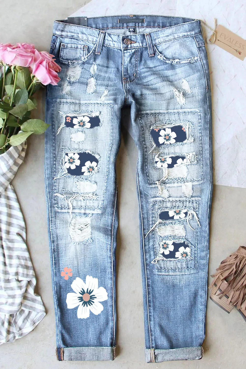 Womens Floral Patch Ripped Distressed Stretch Skinny Denim Jeans