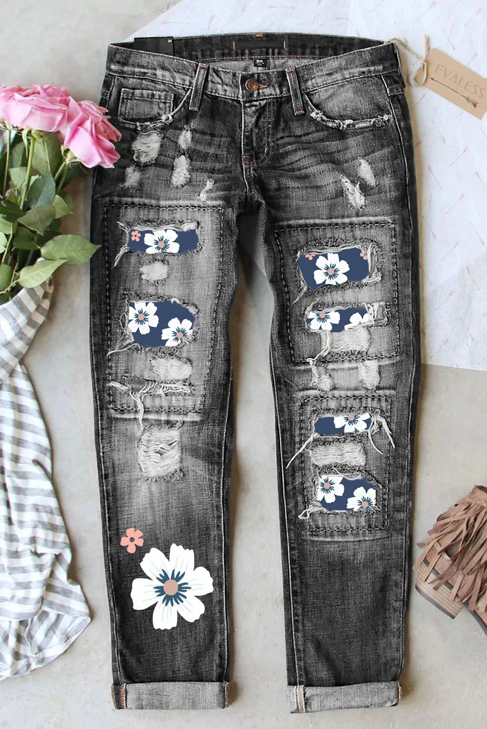 Womens Floral Patch Ripped Distressed Stretch Skinny Denim Jeans