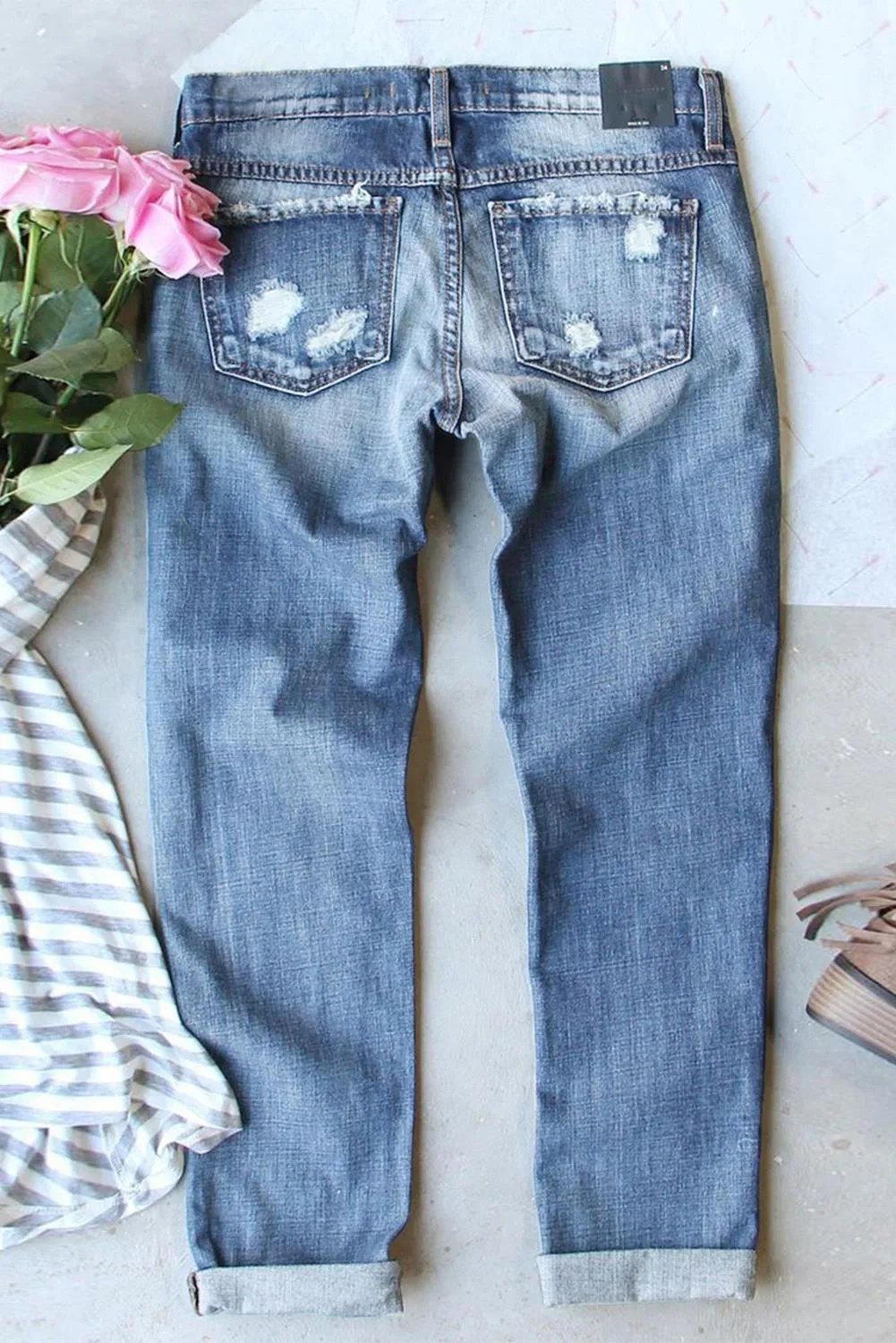 Womens Floral Patch Ripped Distressed Stretch Skinny Denim Jeans