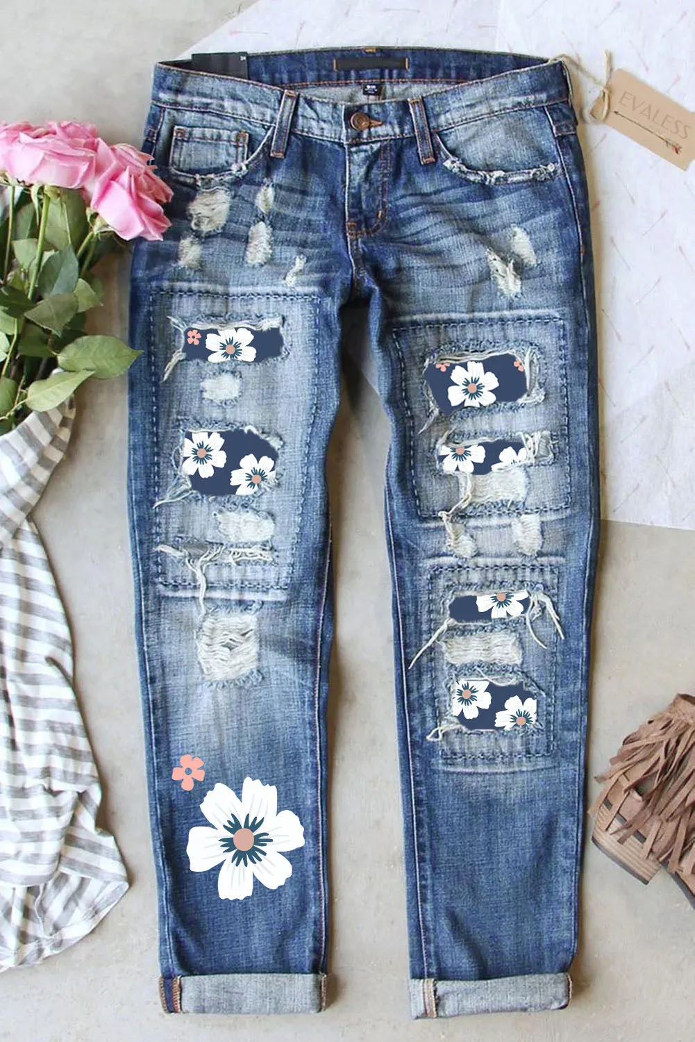 Womens Floral Patch Ripped Distressed Stretch Skinny Denim Jeans