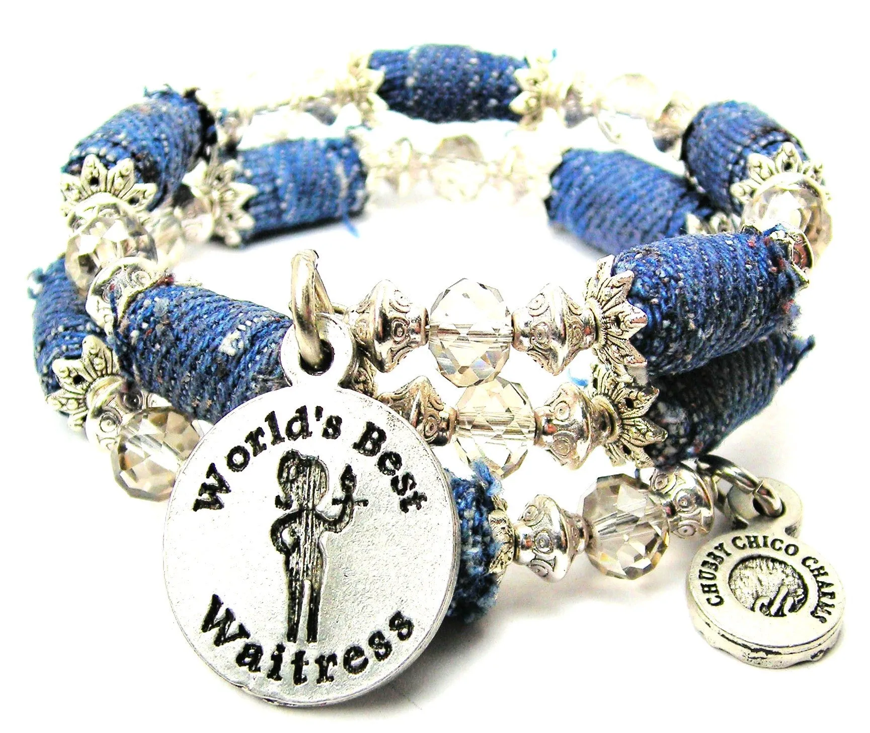 World's Best Waitress Blue Jean Beaded Wrap Bracelet