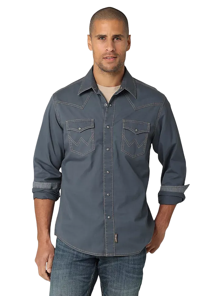 Wrangler Men's Premium Contrast Trim Western Blue Shirt - Big