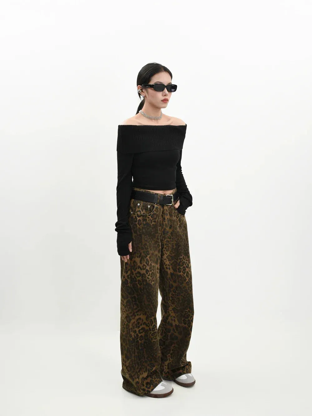 Y2K Wide Leg Leopard Print Jeans